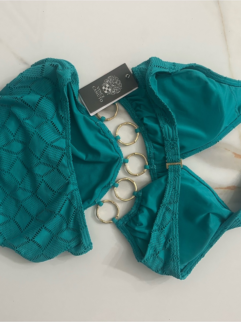Vince cami Turquoise Halter One-Piece Swim Suit with Gold Ring Accents - Picture 6 of 9
